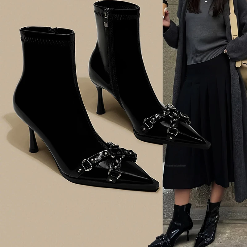

Черные ботильоны на узком каблуке с острым носком, женские узкие ботинки на высоком каблуке, осень-зима 2022, новые одинарные ботинки с боковой молнией