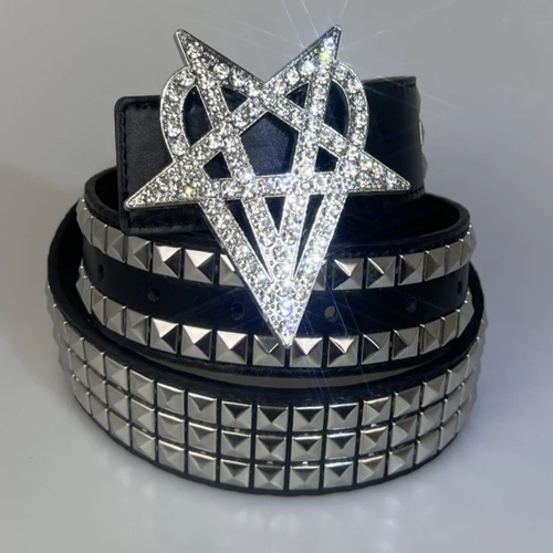 Imagen 2 del producto Cinturón remachado Punk de alta resistencia para hombres y mujeres Y2K con incrustaciones de estrellas de diamantes de imitación amor brillante Flash gótico ojo de aire ahuecado cinturones Vintage
