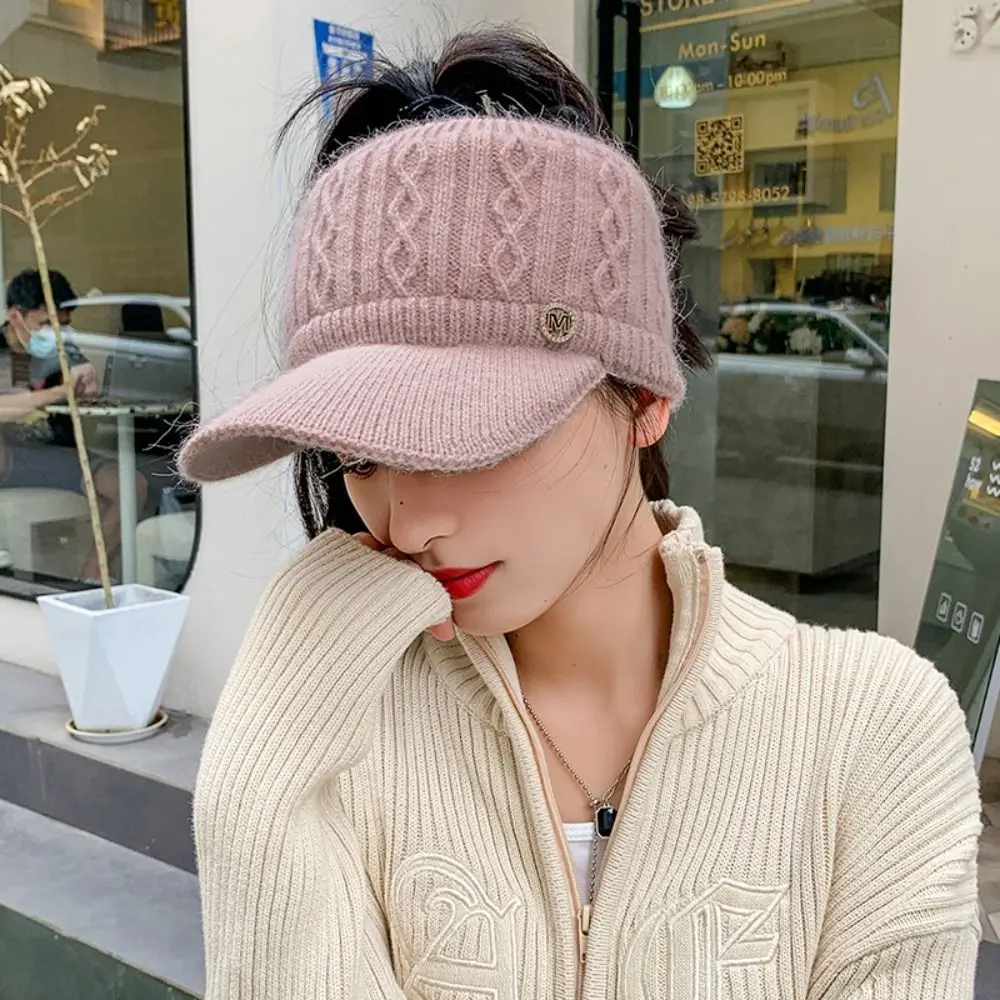 Korean Autumn Winter Warm Ear Protection Knitted Baseball Hat Women\'s Sports Empty Top Hat Outdoor Windproof Thickened Plush