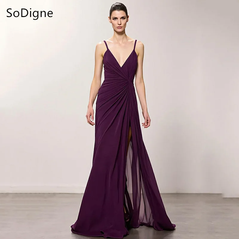 

SoDigne A-Line Purple Chiffon Prom Dresses Spaghetti Strap Pleat Party Dress Charming Side Slit Cocktail Gowns Customized
