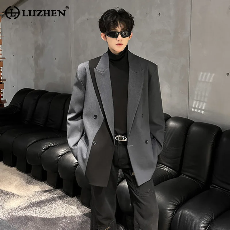 LUZHEN 2025 Autumn New Color Contrast Splicing Design Elegant Shoulder Pad Blazer Coat Men Trendy Handsome Casual Clothes JY5038