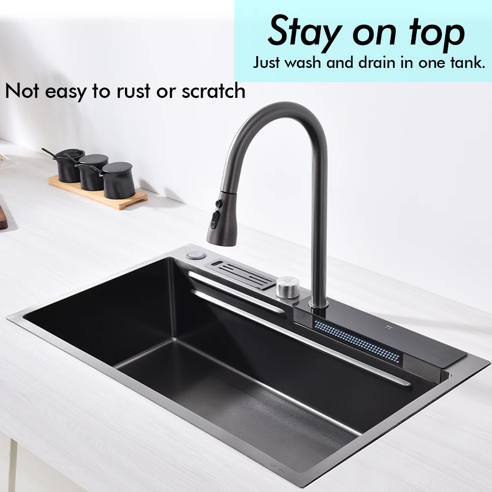 Kitchen Faucet 304 Stainless Steel Waterfall Kitchen Sink Large Single Slot Integrated Digital Display Faucet Set