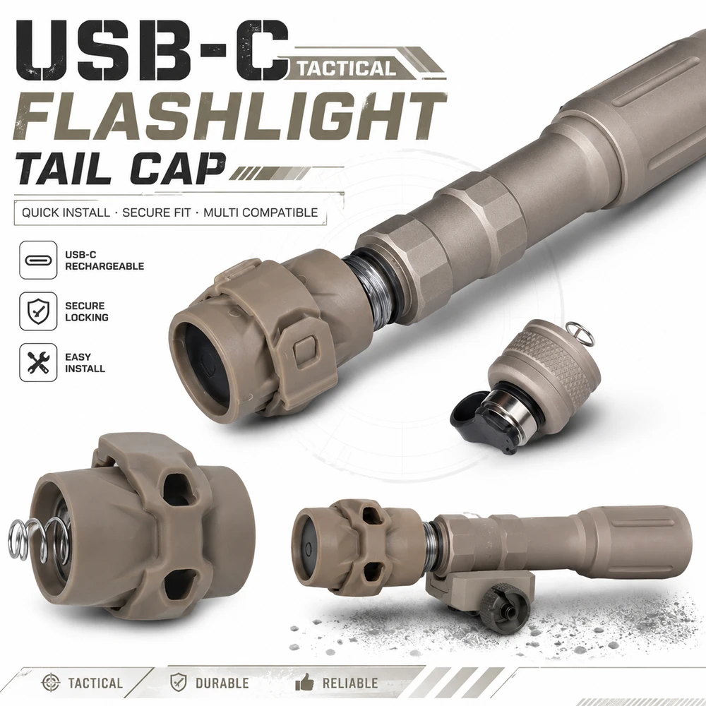 

USB-C Tactical Flashlight Tail Cap, Nylon, One-Button Switch, Fits Most SureFire Scout Light WeaponLights 18650/18350