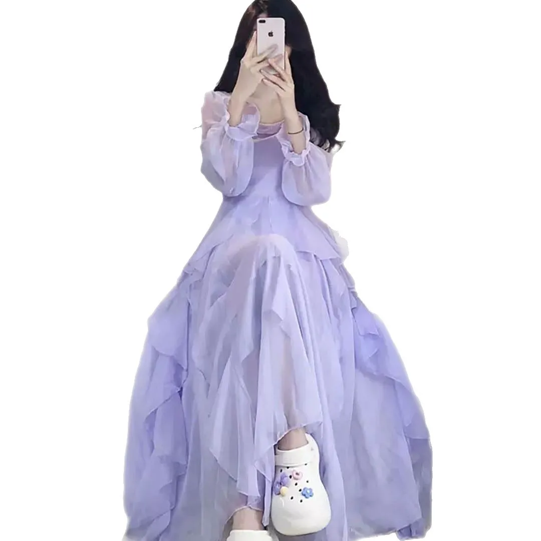 الفرنسية الهروب الأميرة نمط التدرج الأرجواني فستان طويل أنيق فراشة الجنية ألف خط تنورة البوليستر النسيج الصيف الربيع #4