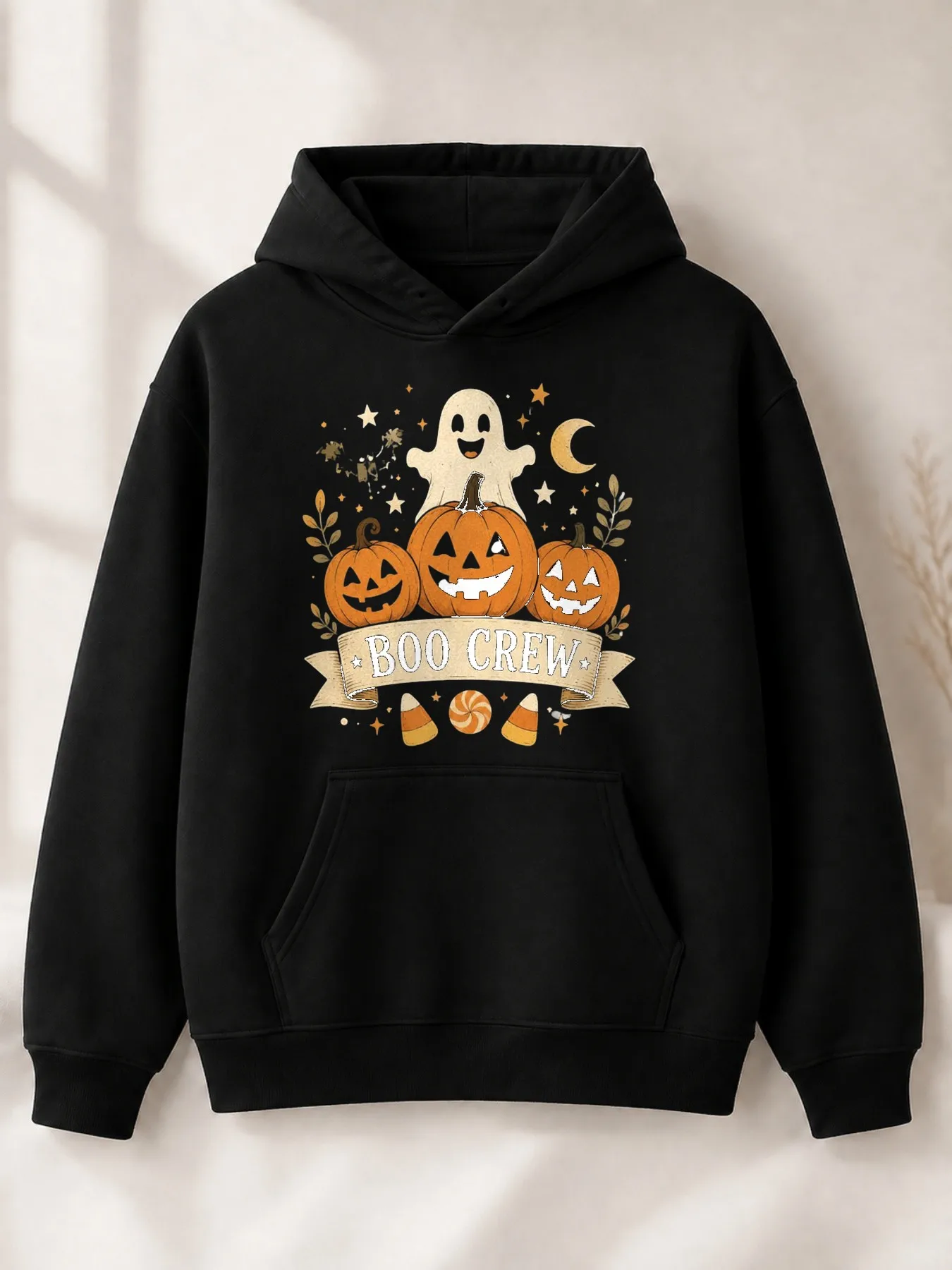 Cute Retro-Style Men's Hoodie, Boo Crew Ghost Light Pumpkin Halloween Design, Autumn Season, Gift for Friends and Family