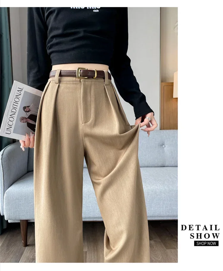 Y2k-pantalones de traje simples de cintura alta con cinturón para mujer, pantalones de pierna ancha, rectos, casuales, delgados, de moda, coreanos, otoño