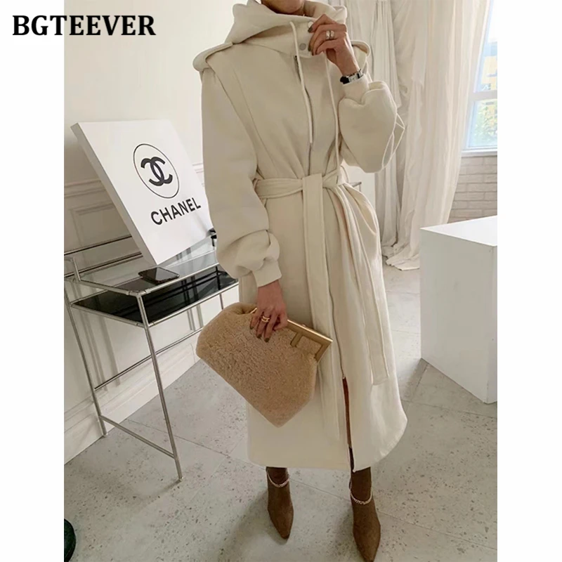 BGTEEVER Autumn Winter Thicken Loose Female Pullover Sweatshirt Dress Long Sleeve Pockets Women Lace-up Hooded Mid-Length Dress