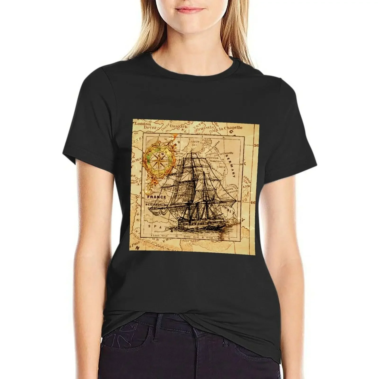 

Sailing Ship Map T-Shirt Blouse quick-drying female white t-shirt dress for Women sexy