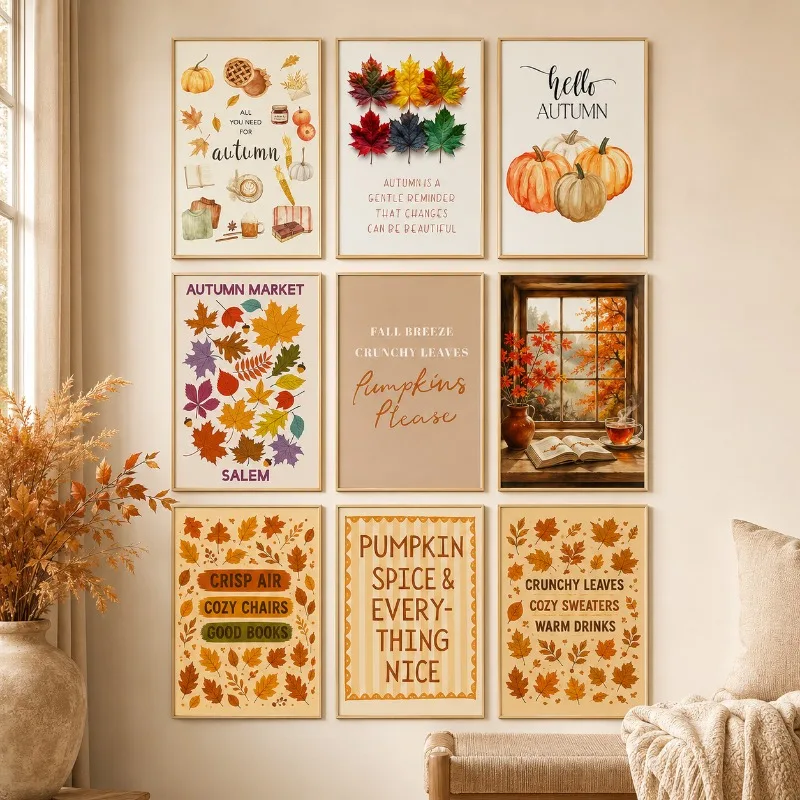 Autumn Market Canvas Wall Art Hello Autumn Pumpkin Maple Leaf Print Fall Quote Poster Farmhouse Decor Thanksgiving Home Decor