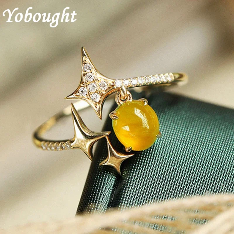 925 Sterling Silver Natural Yellow Chalcedony Light Luxury Star Shape Engagement Ring Adjustable Romantic Bright Ladies Jewelry