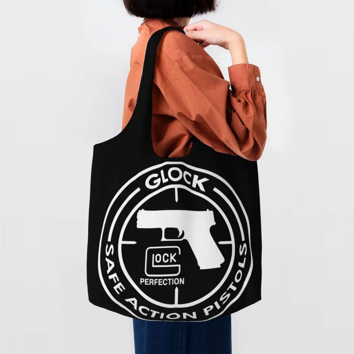 Glocks Groceries Shopping Bags Cute Print Canvas Shopper Tote Shoulder Bag Capacity Durable USA Handgun Pistol Logo Handbag