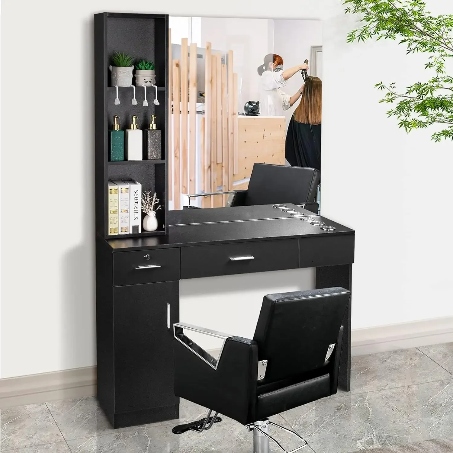 Barber Station Wall Mount Salon Hair Styling Beauty Spa Equipment w/Mirror, 2 Drawers, 1 Storage Cabinet