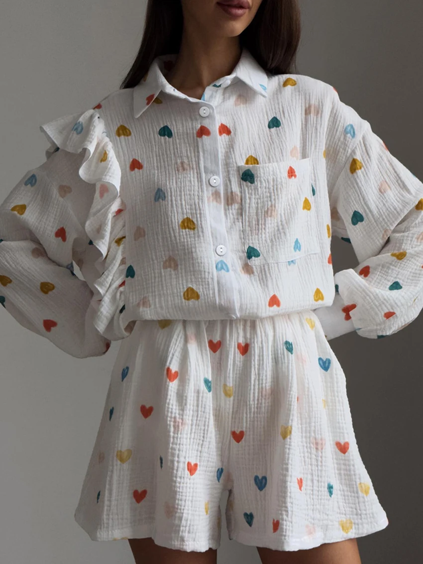 

Marthaqiqi Printing Women Sleepwear 2 Piece Suit Turn-Down Collar Nightwear Long Sleeve Pyjamas Shorts Casual Ladies Pajamas Set