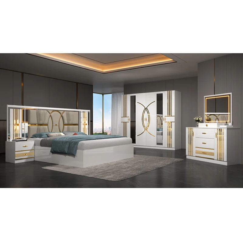 &Luxury Fabric Headboard Double King Size Bed Room Set Modern Simple Home Wooden Queen Full Luxury Bedroom Sets Furniture