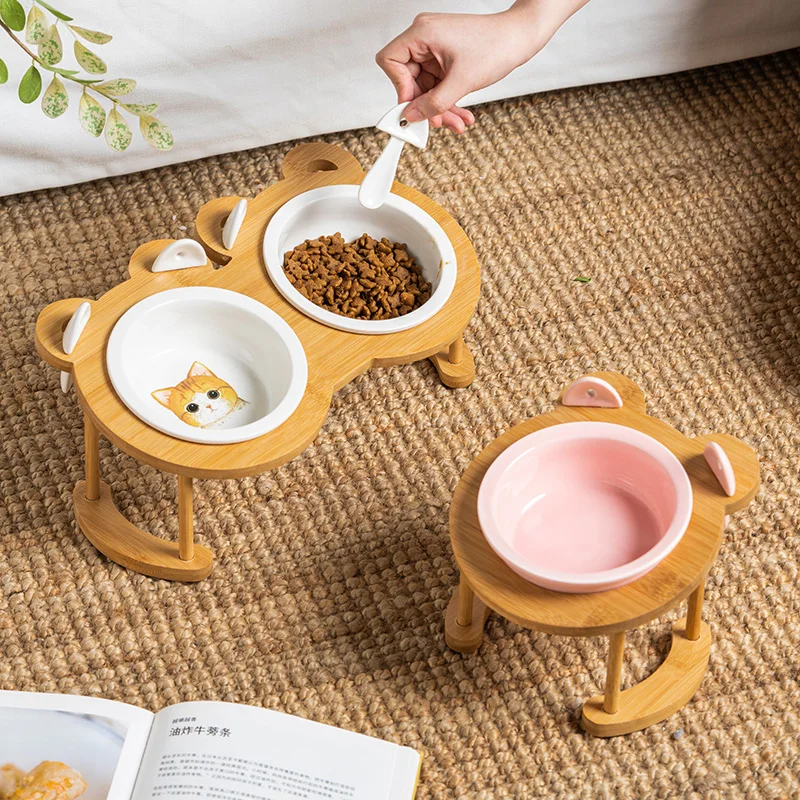 

Ceramic Elevated Split-type Cat Bowl With Mixing Spoon Single Double Pet Water Food Snacks Bowl Puppy Dog Feeder Pets Supplies