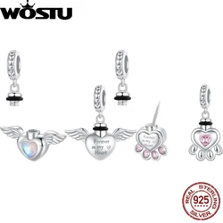 WOSTU 925 Sterling Silver Pet Memorial Urn Ashes Pendant Opened Heart Dangle Charm Paw Wings Fit Original Bracelet Customizable