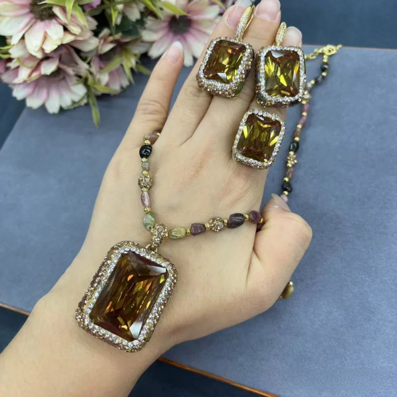 

New Photosensitive Stone Color Changing Stone Handmade Tourmaline Necklace Earrings Rings Women'S Simple Rhinestone Jewelry Set