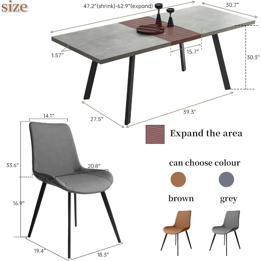 7 Piece Dining Table Set, 62 Inch Modern Kitchen Table with 6 Dining Chairs for 4-6 Person, Expandable MDF Dining Table