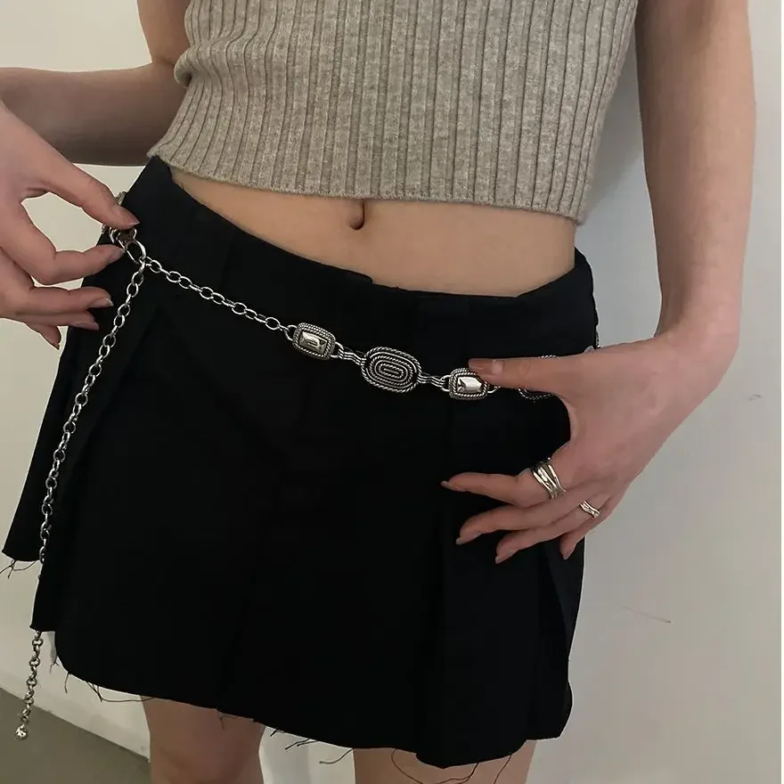 Womens Fashion Belt Hip High Waist Gold Silver Narrow Metal Chain Gothic Silver Pendant Vintage High Waist y2k Chain belt