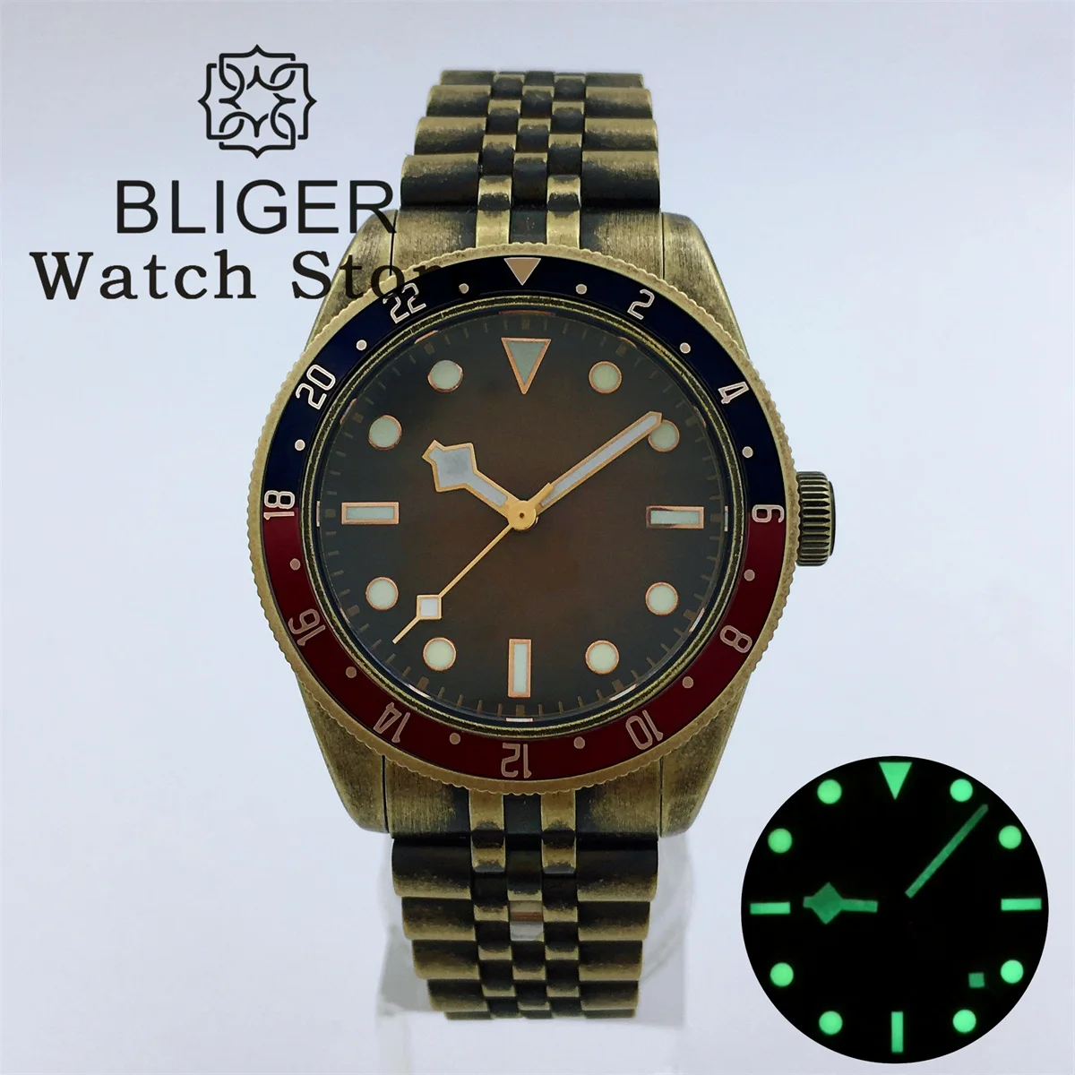 BLIGER 39mm Bronze BB58 NH35A PT5000 Automatic Mechanical Men Watches Dome Sapphire Glass Bronze Dial Luminous Deepwaterproof