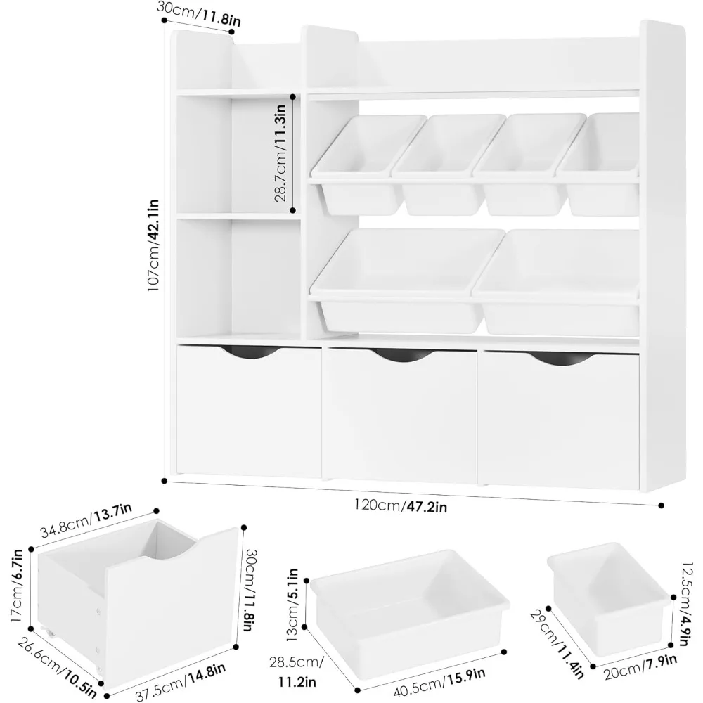 Toy Storage Organizer with 3 Movable Drawers, Bookshelf and Bookcase with 6 Plastic Bins & 2 Storage Cubbies