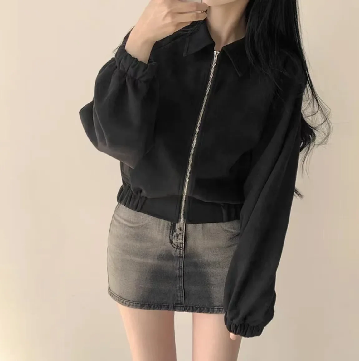 Women Pocket Retro Lapel Zippered Top Chic Autumn Vintage Fleece Jacket Loose Fit Versatile Long Sleeve Cropped Jacket 2025
