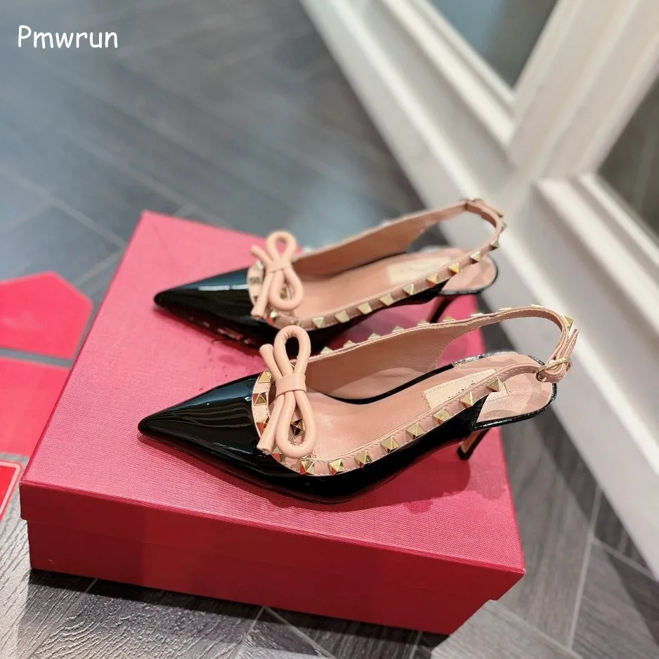 Bow one-line heels with rivets 2024 spring and summer new thin heel pointed sandals for women