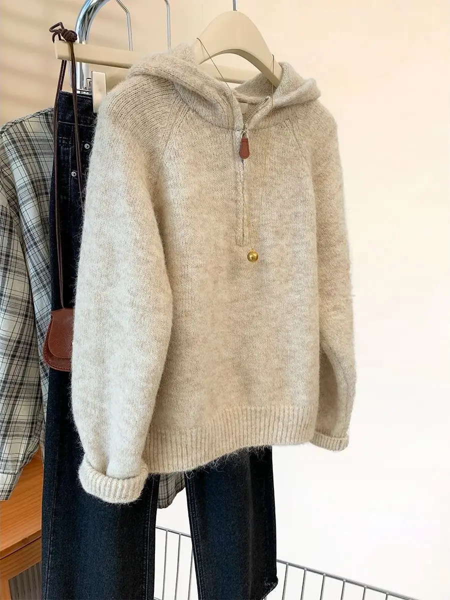 Ladies Thiened Hoodie Sweater Soft Cozy Knitted Top Faionable Autumn Winter Loose Fit Premium Versatile Sli Hat f Zip