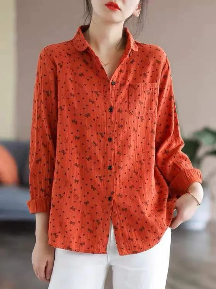 Women Long Sleeve Cotton Shirts New 2022 Autumn Simple Style Vintage Print All-match Loose Female Casual Tops Shirt B2137