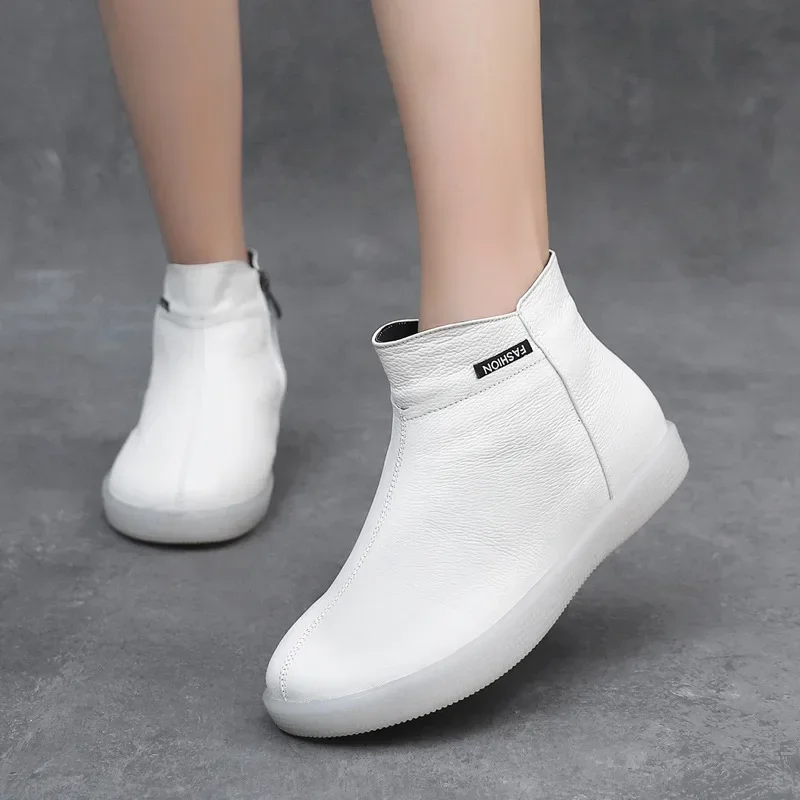 Botines de piel auténtica de vaca para mujer, botas cálidas de lana sin cordones para motocicleta, zapatos supercómodos de invierno, color blanco