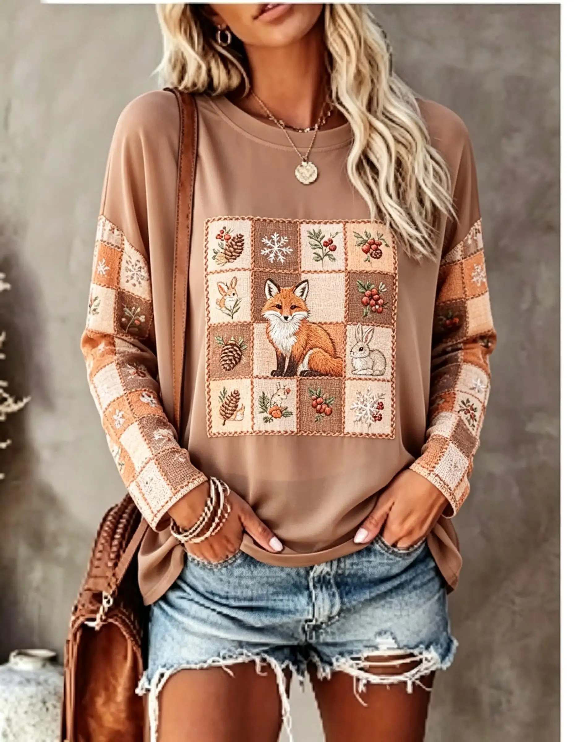 Women Long Sleeve T Shirt Fox Rabbit Patchwork Grid Pinecone Berry Snowflake Print Crew Neck Casual Fall Tops view 2