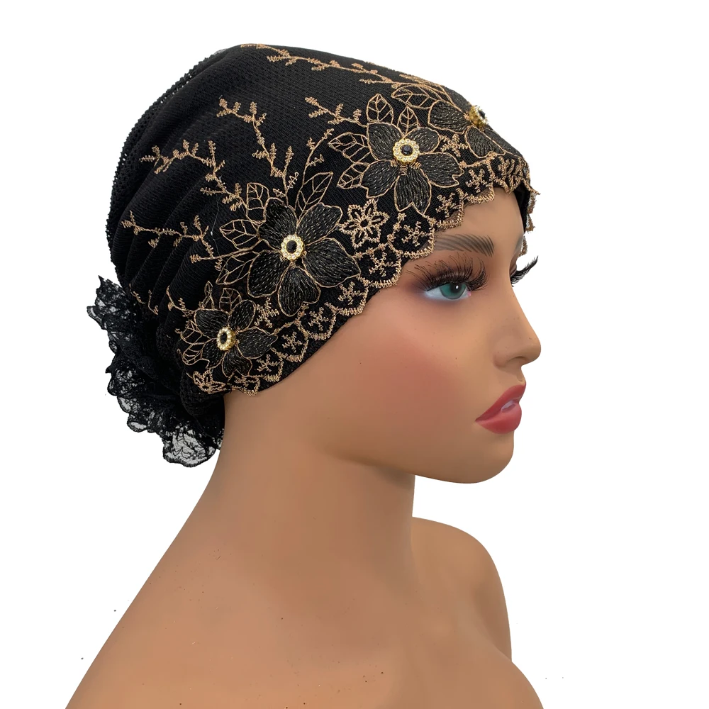 Breathable Embroidery Lace Turban Cap Muslim Women Summer Head Cover Headscarf Hat Islamic Headwear Bonnet Female Head Wraps