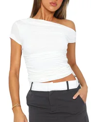 High Elasticity Fabric Solid Color Slash Shoulder Short Sleeve Shrinkage Pleated Navel Reveal Top Ladies Casual Tops