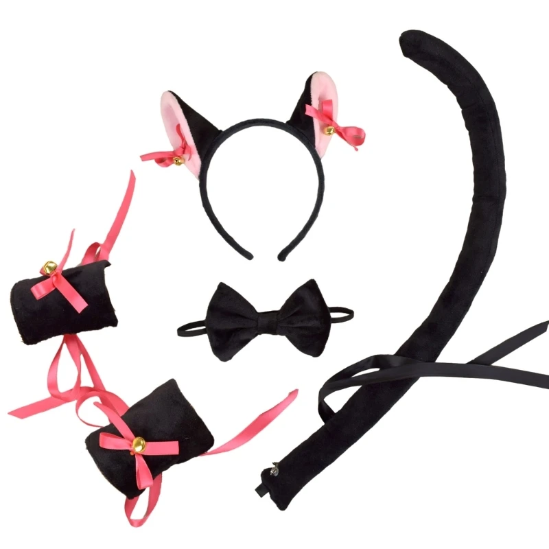 Cat Costume Set Cat Ears Tail Oversleeve and Bow Tie Cat Fancy Dress Costume Kit Accessories for Kids Halloween Party