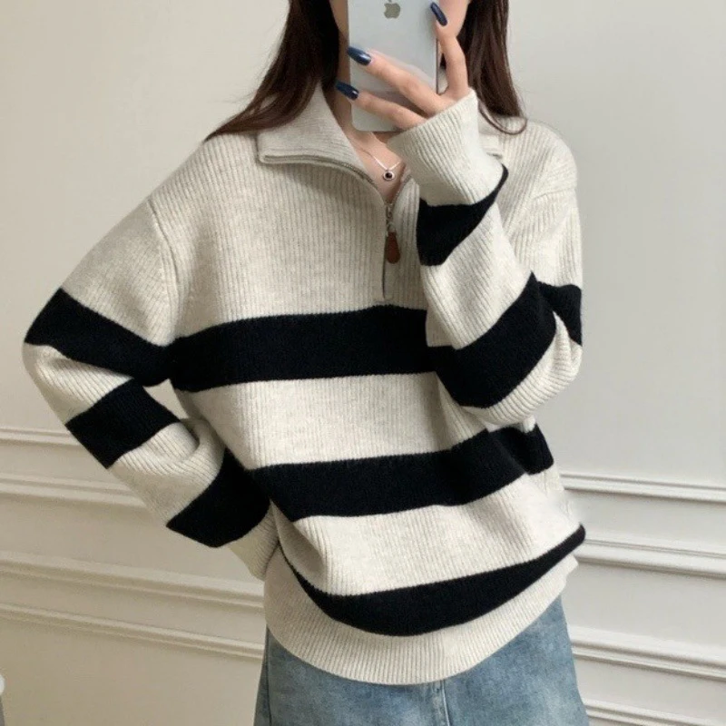 

Fashion Striped Half Zipper Turn Down Collar Women Sweater Autumn Winter Loose Casual Pullover Knitted Sweaters Female