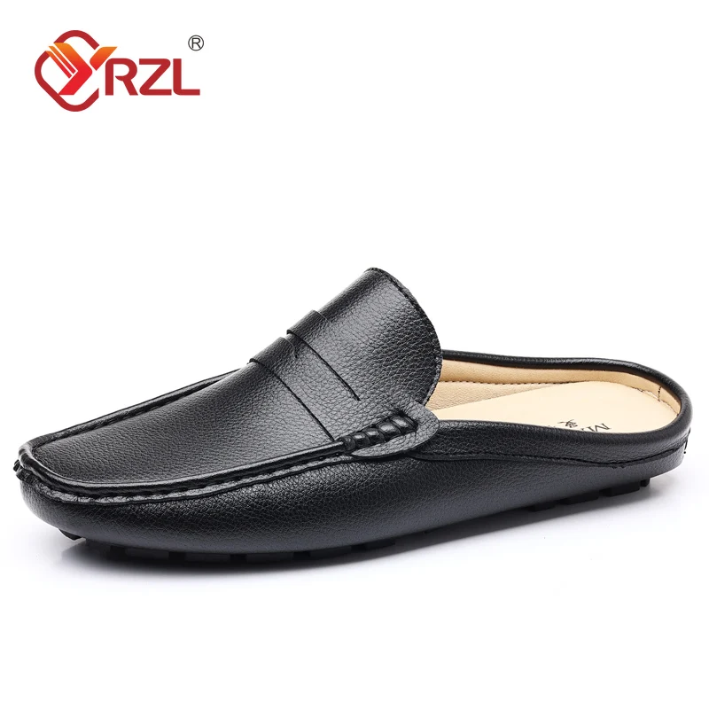 YRZL Slippers Summer Slip on Half Shoes for Men Leather Slippers Casual Breathable Comfy Loafers Moccasins Brown Black Beige