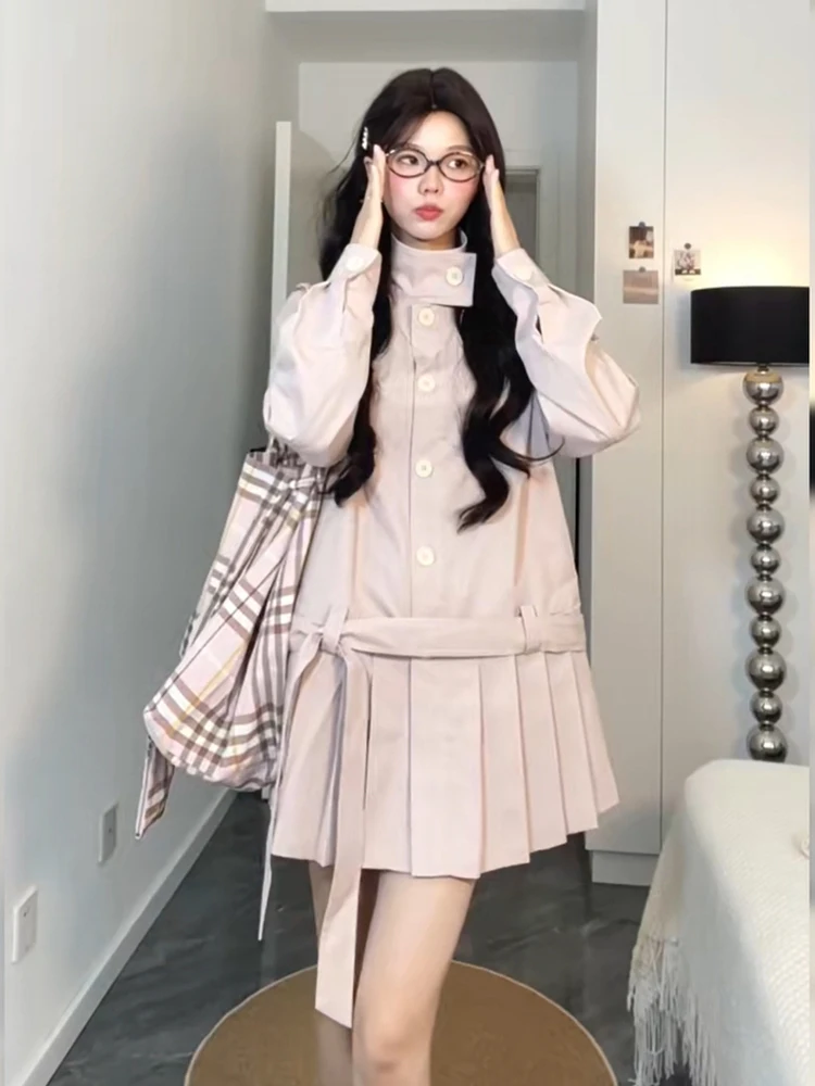 Sweet Pink Korean Sle Women's Long Coat Autumn 2025 New Belted Waist Slimming Pleated ort Skirt Single Button Closure