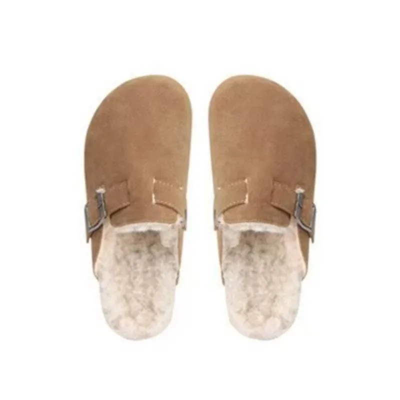 Comwarm الكلاسيكية الشتاء البغال للنساء الرجال جديد الشتاء الفراء الجلد المدبوغ قباقيب الفلين القدمين دافئ غامض النعال مع مشبك قابل للتعديل