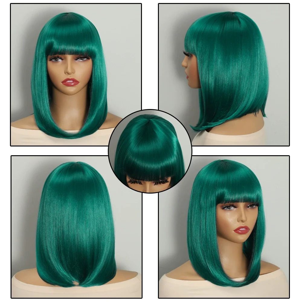 Peluca Bob de pelo sintético biológico liso y sedoso de 14 pulgadas marrón oscuro con flequillo resistente al calor hecha a máquina para mujeres rojo verde