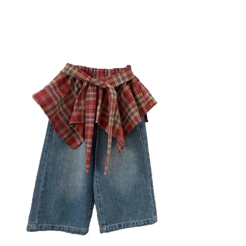 Pants New Stylish Girl Super Good-looking Korean Style Strap Up Fart Curtain Retro Red Checkered Denim Skirt and Pants