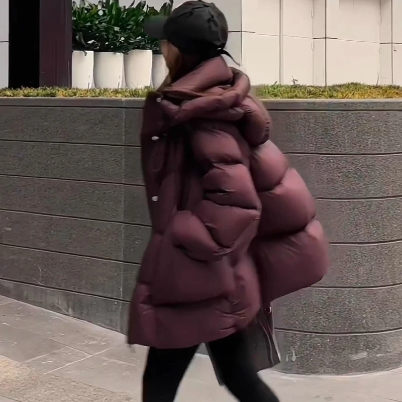 Moda estilo coreano puff jaqueta, inverno meados de longo com capuz solto pato branco para baixo jaqueta quente, 2024 novo modelo