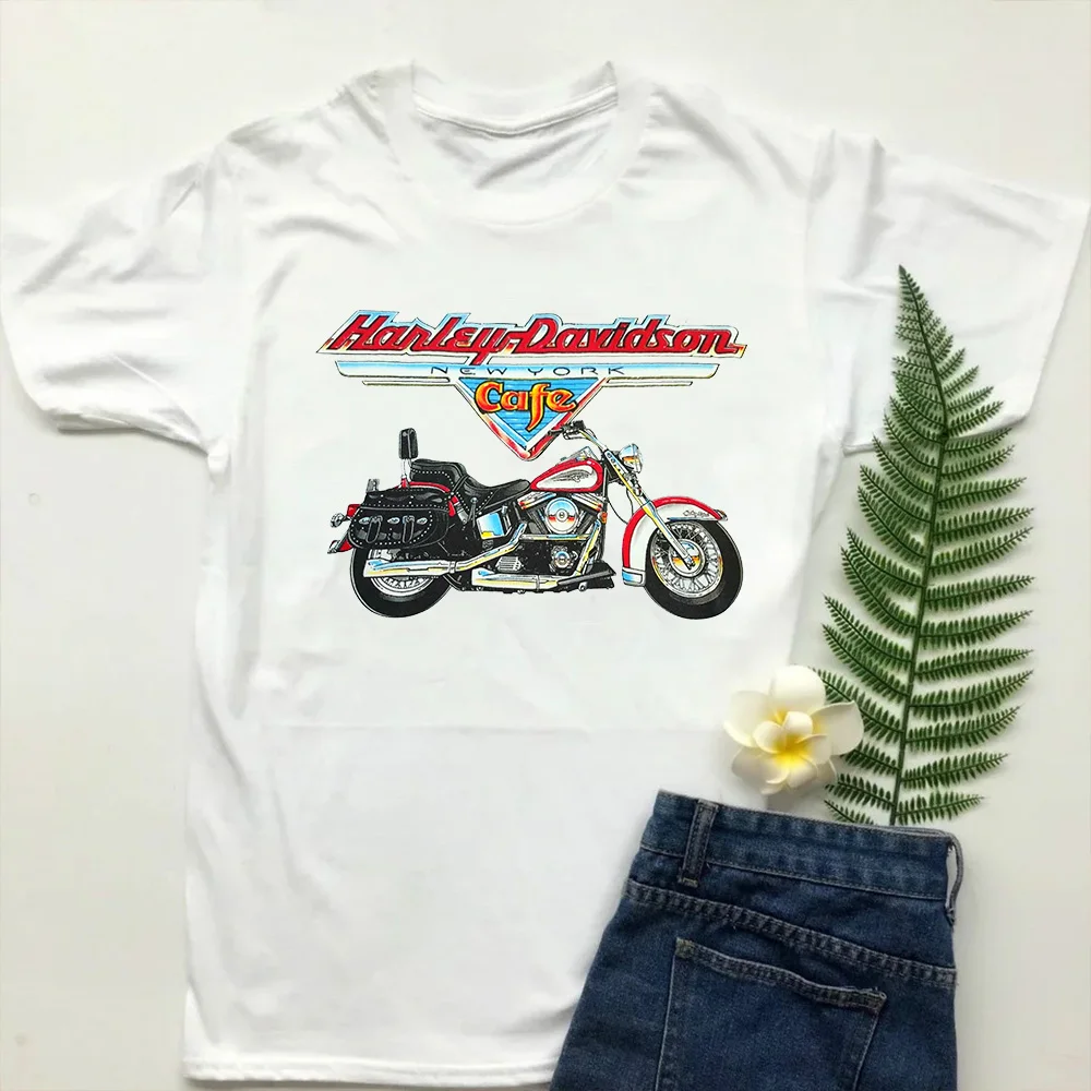 Vintage New York Motorcycle Printing Vintage Style Women T Shirts White Short Sleeve Loose Cotton Tees Summer Street Y2K Shirts