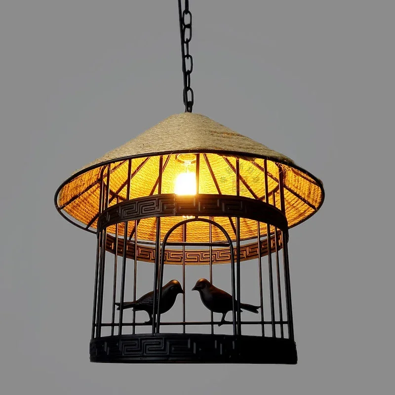 

American Vintage Industrial Loft Bird Cage Pendant Lamp Hemp Rope Chandelier Headlight Cafe Bar Store Restaurant Hanging Lamp