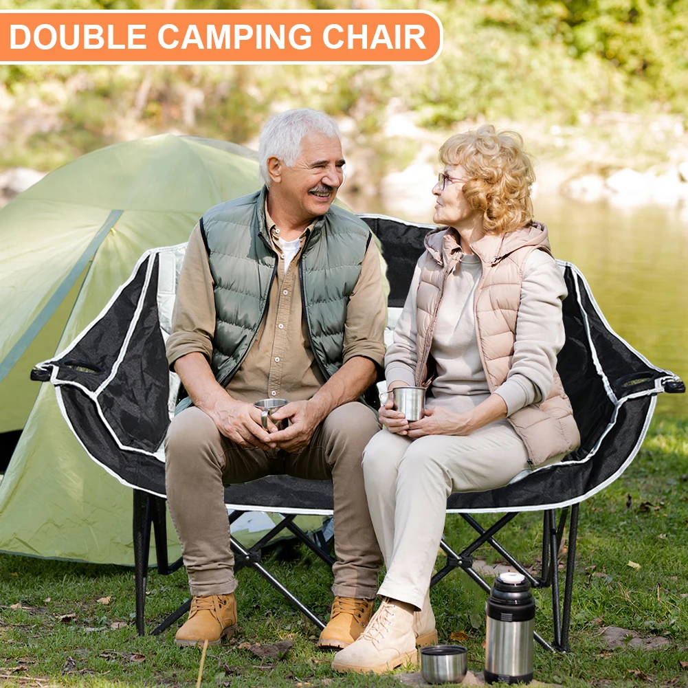 Double Camping Chair Folding Loveseat Chair with Cup Holder and Carry Bag Portable Camping Bench Support 600lbs for Adults
