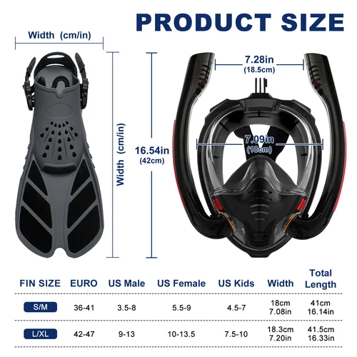 Imagen 2 del producto Set de Snorkel para Adultos, Máscara de Snorkel de Cara Completa, Doble Tubo de Silicona, Aletas Cortas, Vista Panorámica, Aletas de Buceo Ajustables, Equipo de Buceo con Sistema Dry Top