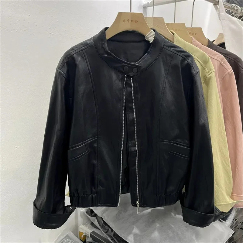 レザージャケット レザー レディース 春服 スタンドカラー ルーズ カジュアル ブラック バイク ウォッシュドPUレザージャケット コート トレンド