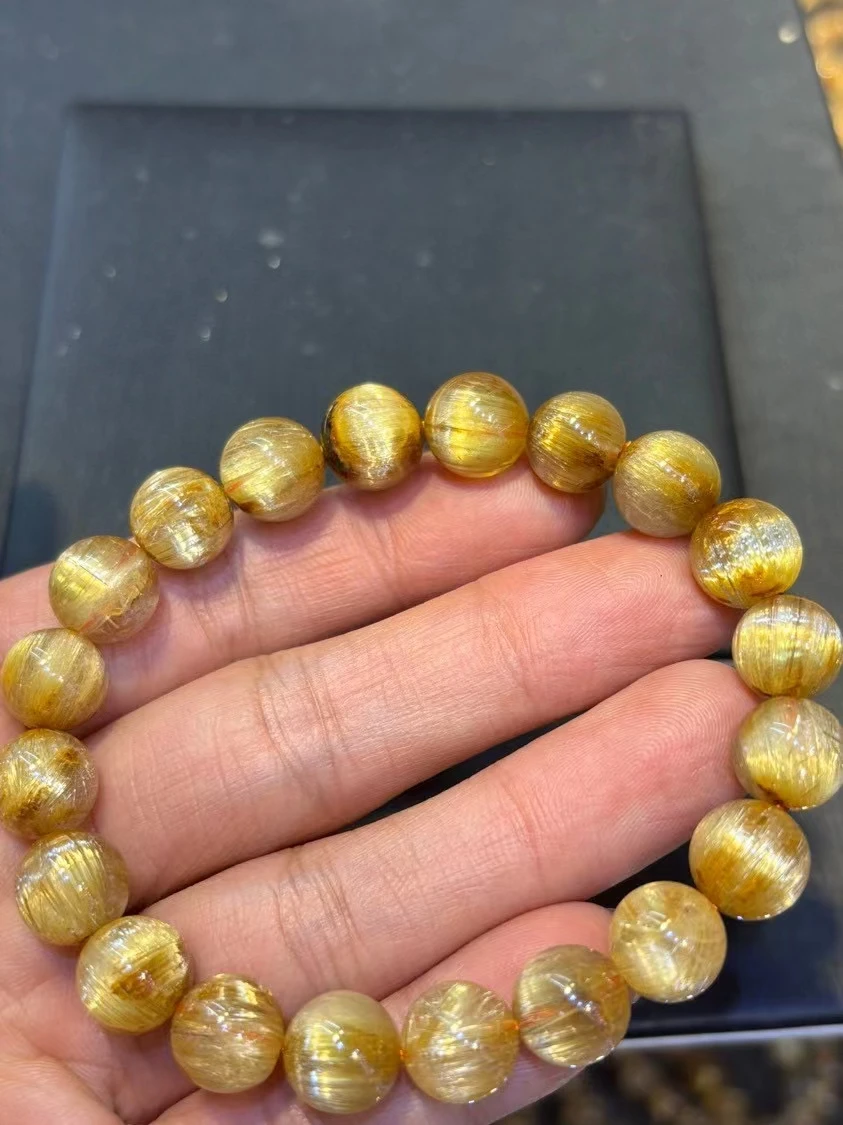 Natural Gold Rutilated Quartz Titanium beads Bracelet Wealthy 10mm Woman Men Clear Round Beads Jewelry From Brazil AAAAAAA