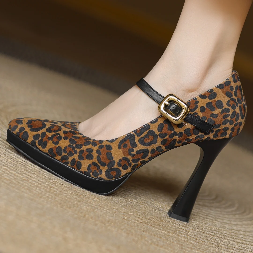 

Women's leopard suede leather 10cm ultra high heel platform metal buckle lsip-on Mary Jane pumps sexy ladies night club shoes