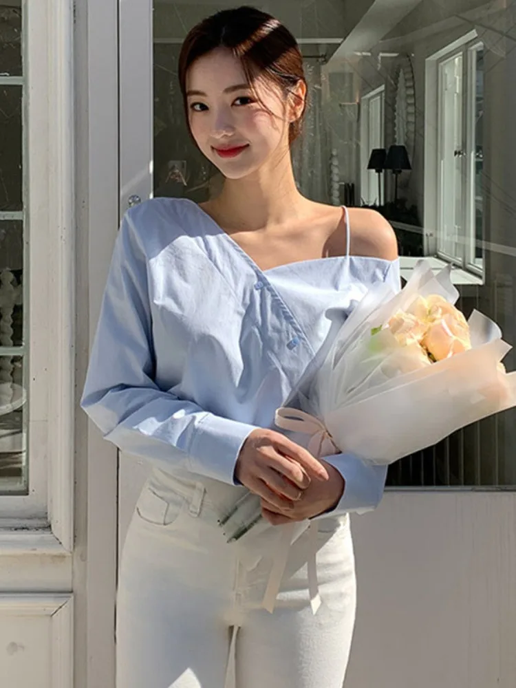 

Милый асимметричный длинный све irt, женский шикарный топ ранней осени, маленький сладкий романтический топ с диагональными синими бретелями для поездок на работу