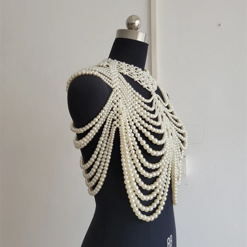 Damen Mehrschichtige Perlen-Körperkette Schal-Top Sexy Perlenbesetztes Neckholder-Oberteil Rückenfreies Nachtclub-Party-Strand-Crop-Top Schmuck-Accessoire – Detail 4